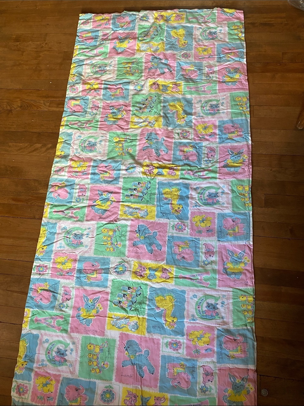 Vintage 80s 90s Pastel Block Baby Blanket Giraffe Elephant Bear Cat 68” X 32”